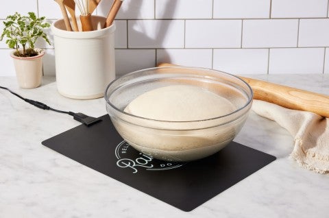 Bowl of bread dough proofing on dough riser