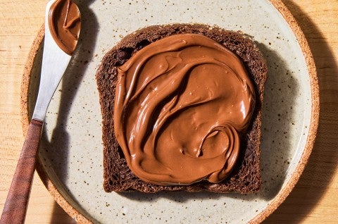 A slice of Chocolate Milk Bread with Chocolate-Hazelnut spread - select to zoom