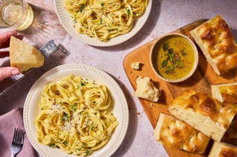 Golden Durum Pasta on a plate served with bread and soup - select to zoom