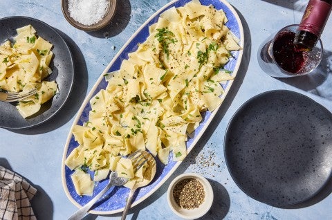 Homemade Egg Noodles on a serving platter - select to zoom
