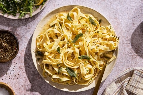 Homemade Pasta with Sage Butter served on a plate - select to zoom