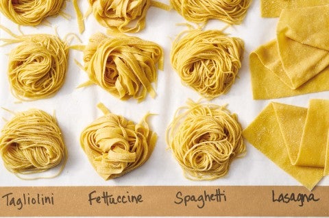 Four different types of fresh pasta noodles next to each other