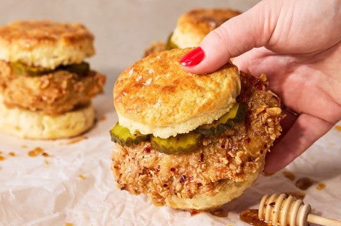 Breakfast Sandwich Biscuits with fried chicken and pickles - select to zoom