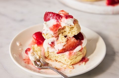 Buttermilk Strawberry Shortcakes with some pieces taken out - select to zoom