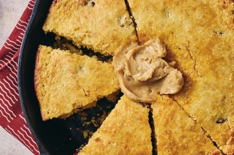 Cranberry Cornbread in a cast iron pan - select to zoom