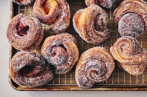 Fruit-Filled Morning Buns on a sheet pan - select to zoom