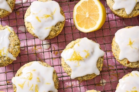 Lemon Poppy Seed Muffins on a cooling rack - select to zoom