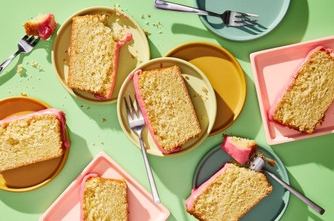 Pink Lemonade Cake sliced and plated - select to zoom