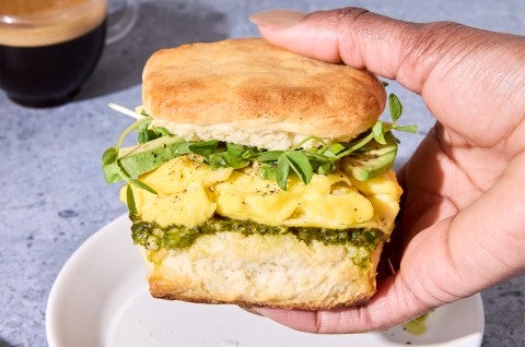 Small-Batch Biscuit made into a breakfast sandwich - select to zoom