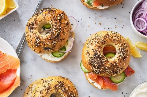 Chewy Everything Bagels made into sandwiches - select to zoom