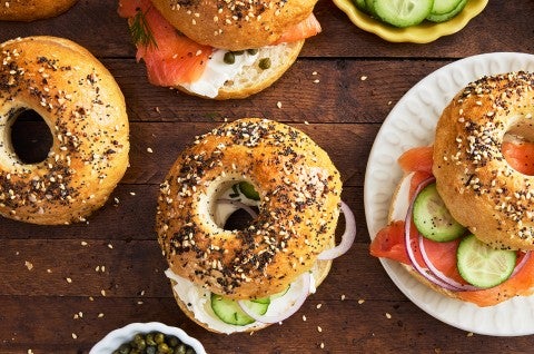 Chewy Everything Bagels made into sandwiches - select to zoom