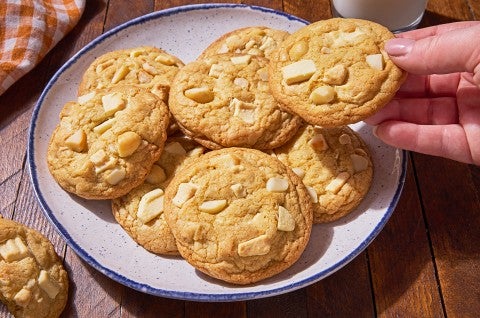 White Chocolate Macadamia Nut Cookies on a plate - select to zoom