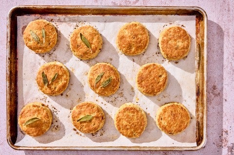Brown Butter Sage Biscuits on a baking sheet - select to zoom