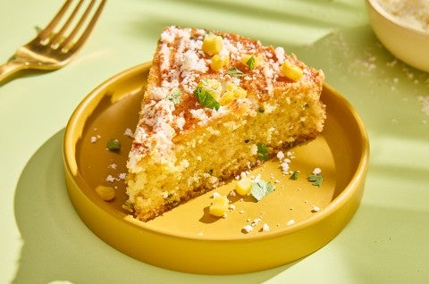 A slice of Mexican Street Corn Cornbread on a plate - select to zoom