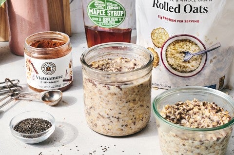 Simple Overnight Oats in jars and the ingredients to make them nearby - select to zoom
