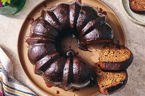 Sweet Potato Cake baked in a bundt with two slices cut out - select to zoom