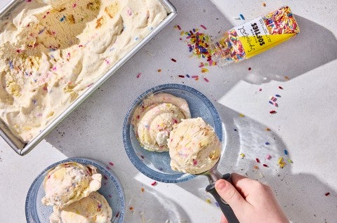 Birthday Cake Ice Cream being scooped into a dish - select to zoom