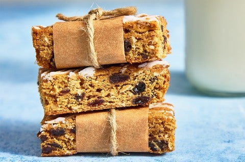 Oatmeal Raisin Cookie Bars made up to look like a gift - select to zoom