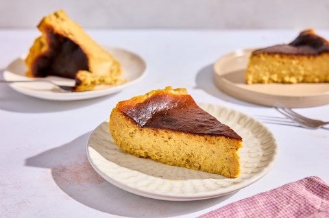 Three pieces of Pumpkin Basque Cheesecake on plates - select to zoom