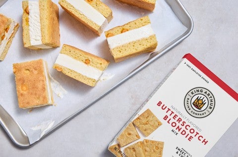 Butterscotch Blondie Ice Cream Sandwiches on a sheet pan - select to zoom