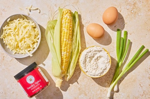Ingredients of Giant Cheesy Corn Fritter - select to zoom