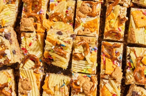 Kitchen Sink Cookie Bars photographed from overhead after being cut - select to zoom