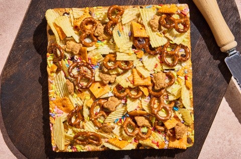 Kitchen Sink Cookie Bars photographed overhead before being cut - select to zoom