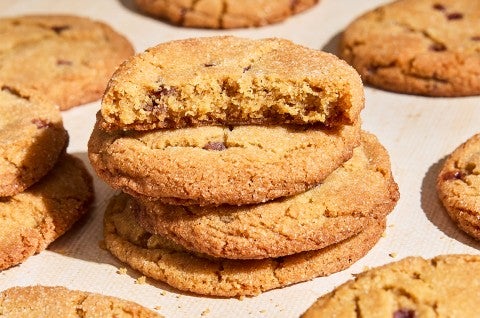 A stack of Peanut Butter and Jelly Cookies on a counter - select to zoom