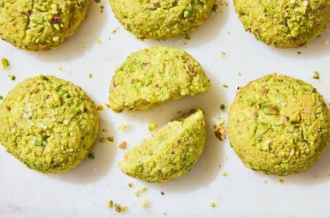 Sparkling Pistachio Cookies on a counter - select to zoom