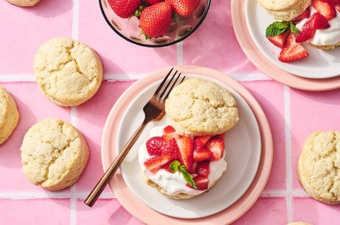 Self-Rising Cream Biscuits made into a shortcake topped with strawberries and whipped cream - select to zoom