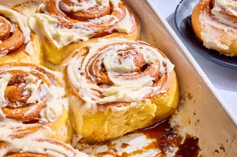 Sweet Potato Cinnamon Rolls in a casserole dish - select to zoom
