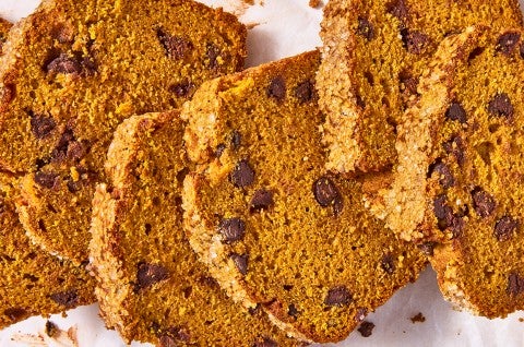 Pumpkin Chocolate Chip Bread cut into slices - select to zoom