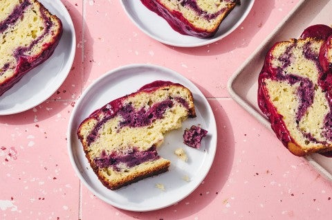 Slices of Lemon Blueberry Loaf Cake on plates - select to zoom