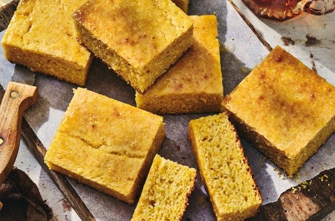 Pieces of Maple Cornbread on a cutting board - select to zoom