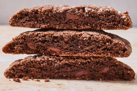 Cross section photograph of soft chocolate cookies. - select to zoom