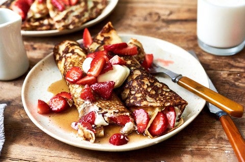 Pittsburgh's Finest Diner Pancakes on a plate with maple syrup and strawberries - select to zoom