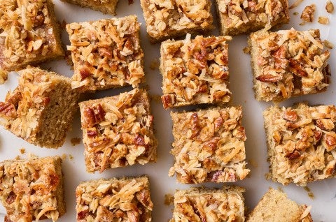 Oatmeal Cake sliced and arranged on a countertop. - select to zoom