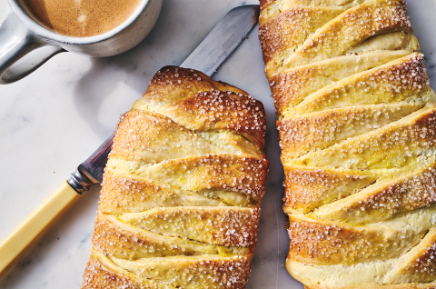 Two loaves of Cheese Filled Sweet Braid on a counter seen from above. - select to zoom