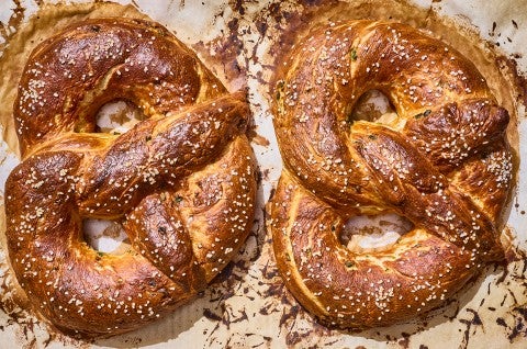 Two Giant Jalapeño Pretzels on a sheet pan