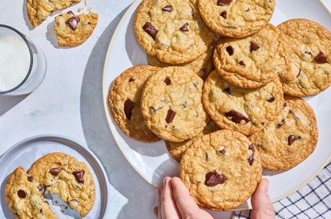 Cream Cheese Chocolate Chip Cookies on a plate - select to zoom
