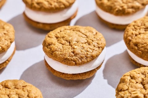 Several oatmeal cream pies on a counter. - select to zoom
