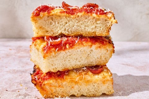 Stacked slices of Weeknight Detroit Pizza. - select to zoom
