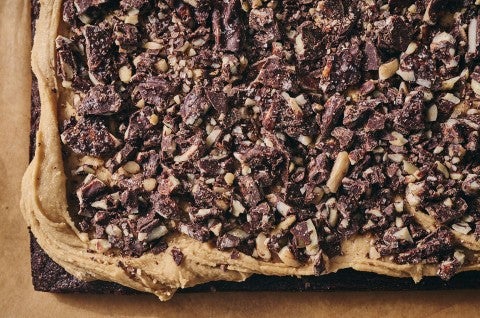 Chocolate Caramel Almond Crunch Brownies before cutting, straight out of the oven. - select to zoom