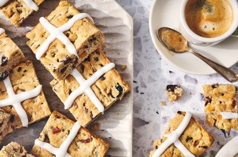 Gluten Free Hot Cross Biscuits and a cup of coffee seen from above - select to zoom