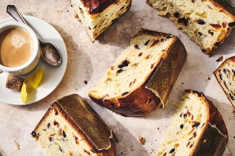 Overnight Panettone sliced and arranged on a counter seen from above. - select to zoom