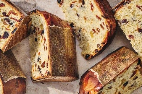 Overnight Panettone sliced and arranged on a counter seen from above. - select to zoom