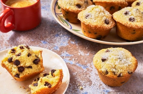 Easy Chocolate Chip Muffins on a counter - select to zoom