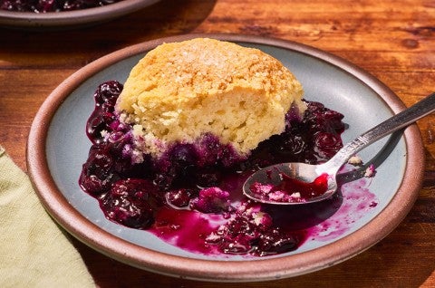 Sourdough Discard Blueberry Cobbler on a plate - select to zoom