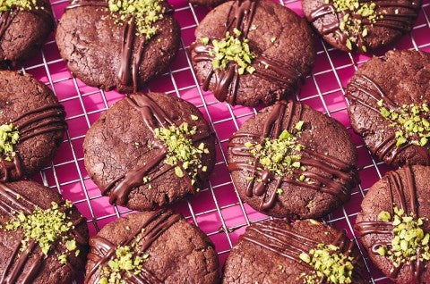 Dubai Chocolate Cookies arranged on a cooling rack - select to zoom