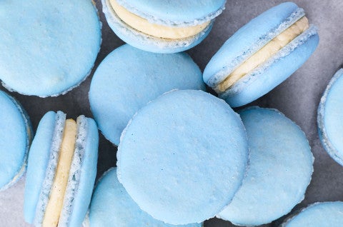 Blueberry macarons arranged on a counter and seen from above. - select to zoom